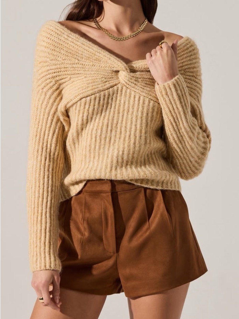 Knot Front Ribbed Off-Shoulder Sweater - Cream